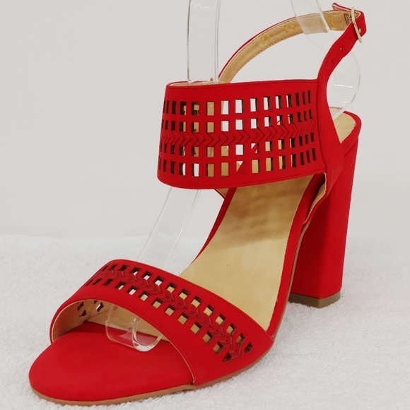 Flaming Red Cut-out Block Heels - Picture 1 of 5